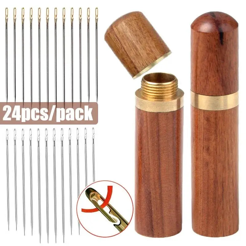 Self-threading sewing needle set, stainless steel, 24pcs pack with wooden threader tube containers