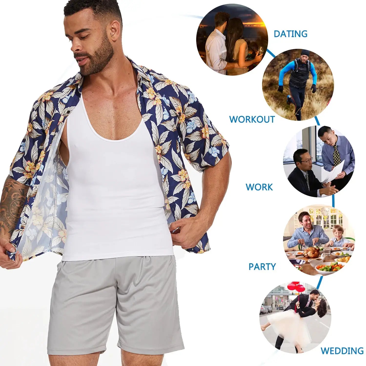 New men's shapewear slimming body shaper top by Simples Market; white horizontal stripe compression band tummy control