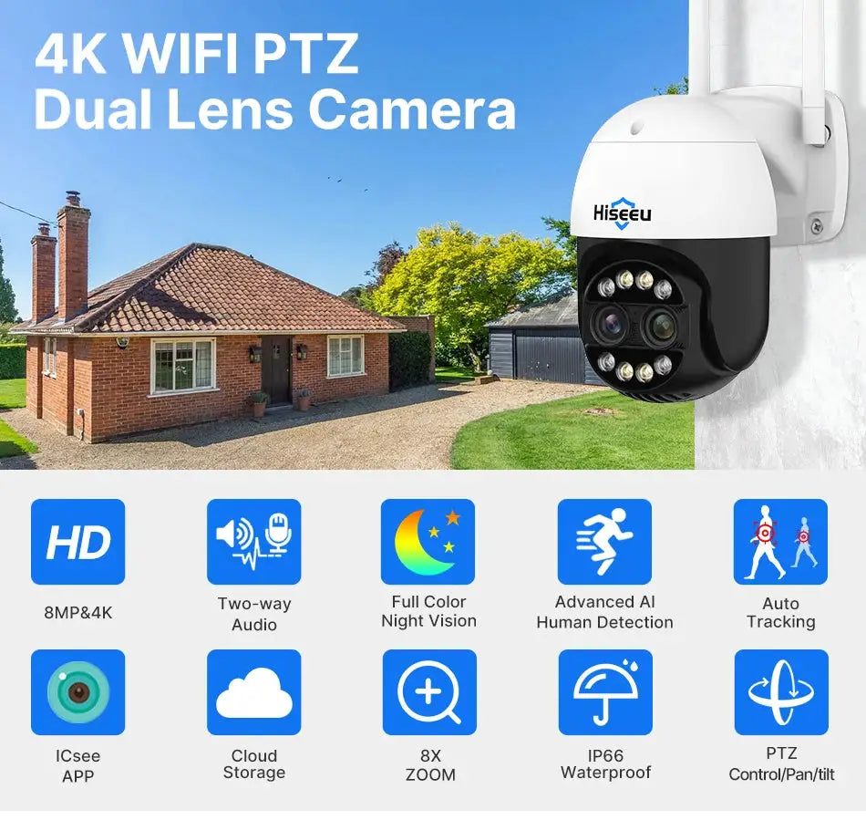 Hiseeu 4K 8MP dual-lens PTZ outdoor WiFi IP camera with 8x zoom mounted on exterior wall