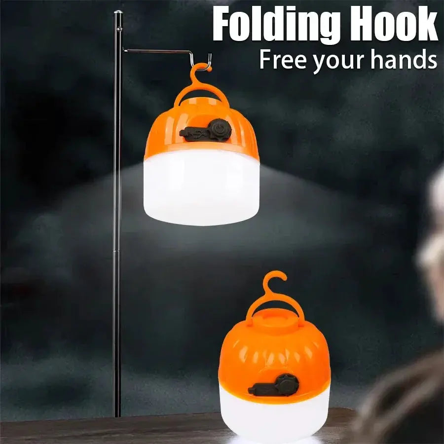 500W LED camping lanterns, orange and white, USB rechargeable, portable with hook, two lanterns shown