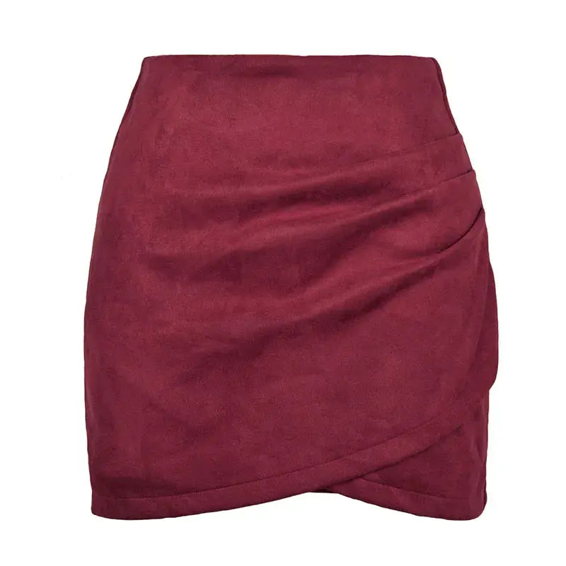 Simples Market suede mini skirt, burgundy high-waist with wrap ruched front