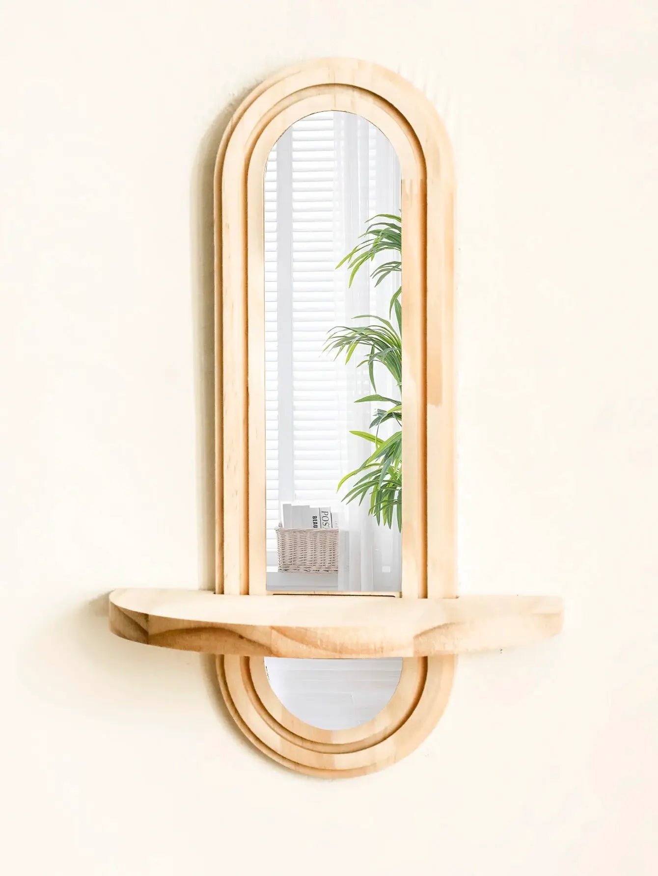 Geometric arch wooden wall shelf, Boho style, wall-mounted, natural wood finish, plant decor, Simples Market