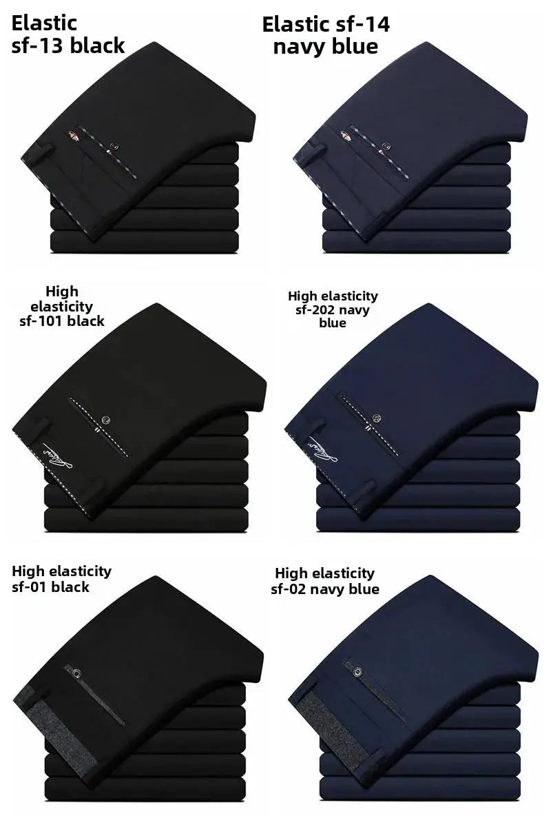 Elastic waist dress pants for men by Simples Market, black and navy blue; six pairs shown.