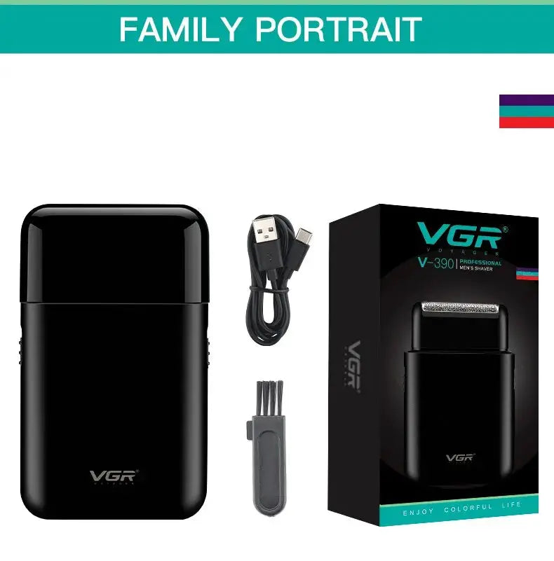 VGR electric shaver portable black USB-charged beard trimmer with accessories and box