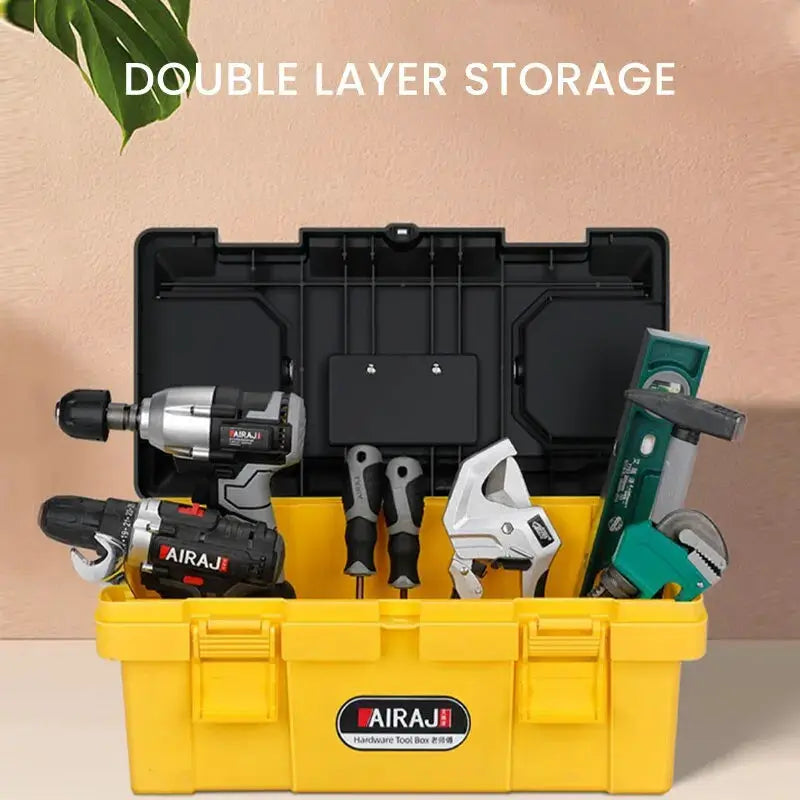 AIRAJ tool storage box with yellow base and black lid; portable organizer showing two drills and assorted hand tools