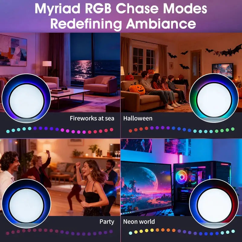 TUYA smart ceiling light, ultra-thin RGB dimming lamp, Simples Market; 4 lights shown in party, neon, Halloween scenes