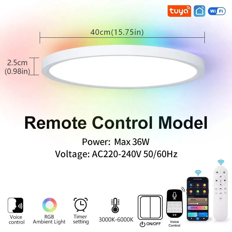 TUYA Smart Ceiling Light, white round 40cm ultra-thin 0.98in thick, RGB dimming, max 36W, voice control