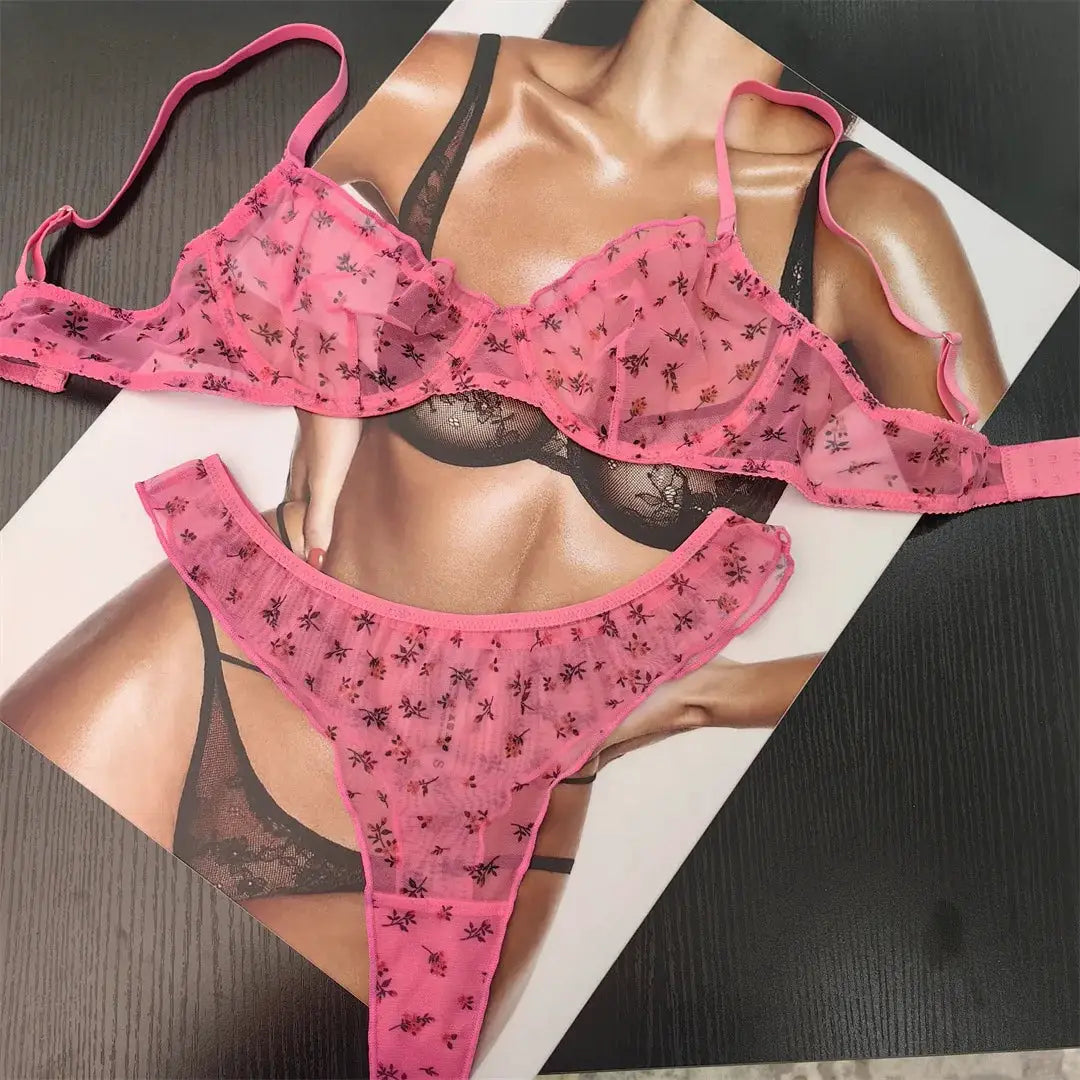 Floral Prints Women Lingerie Set Lace Bra Ultra Thin Bralette