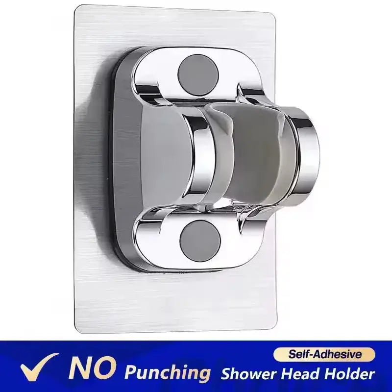Chrome shower head holder with clamp, self-adhesive wall mount