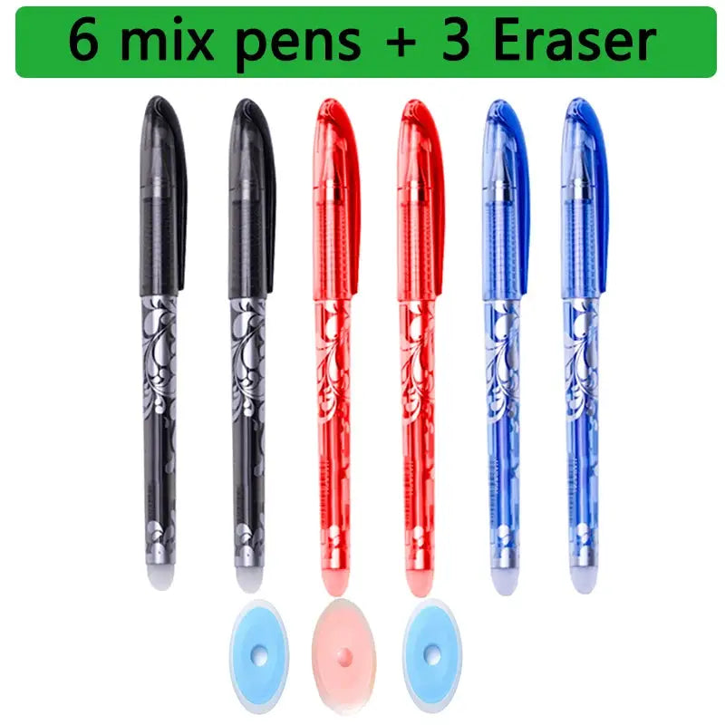 Kawaii erasable gel pen set with 6 patterned pens in black, red and blue and 3 pastel erasers