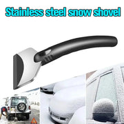 Stainless steel car snow shovel with black handle and ice-scraper blade