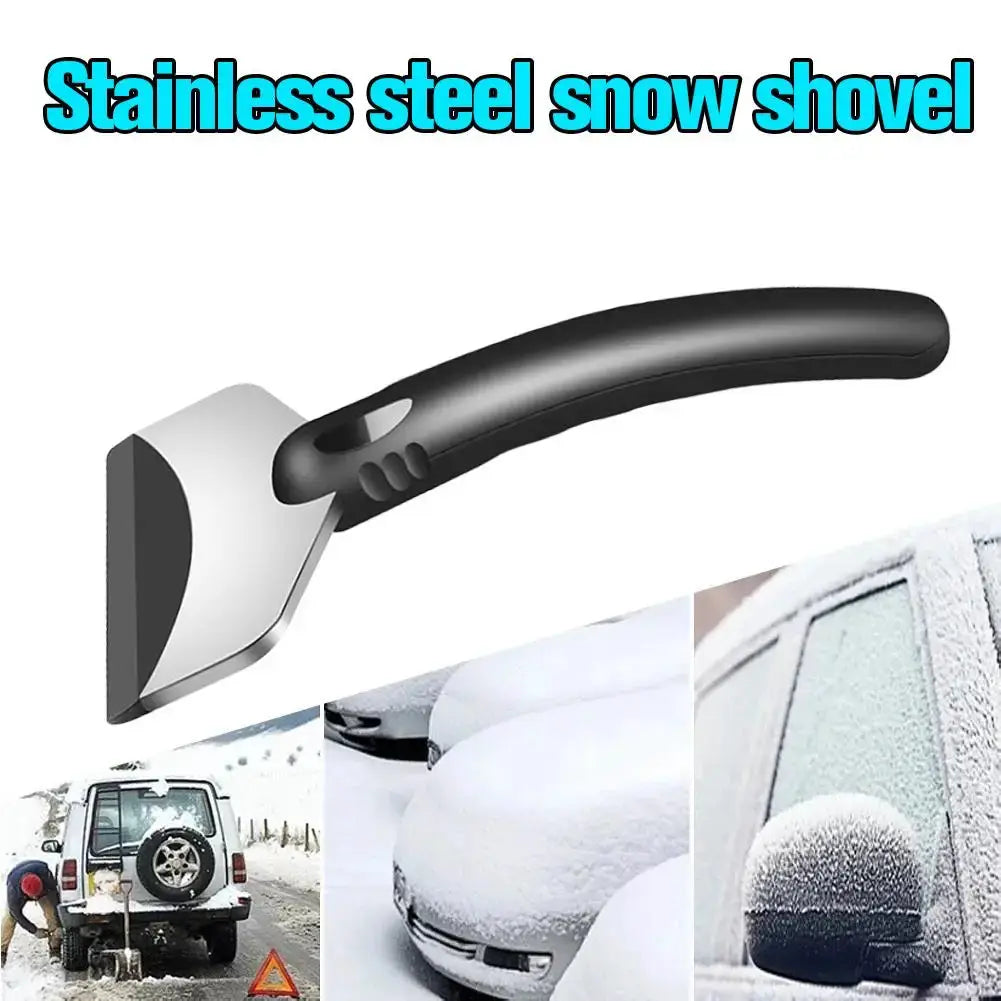 Stainless steel car snow shovel with black handle and ice-scraper blade