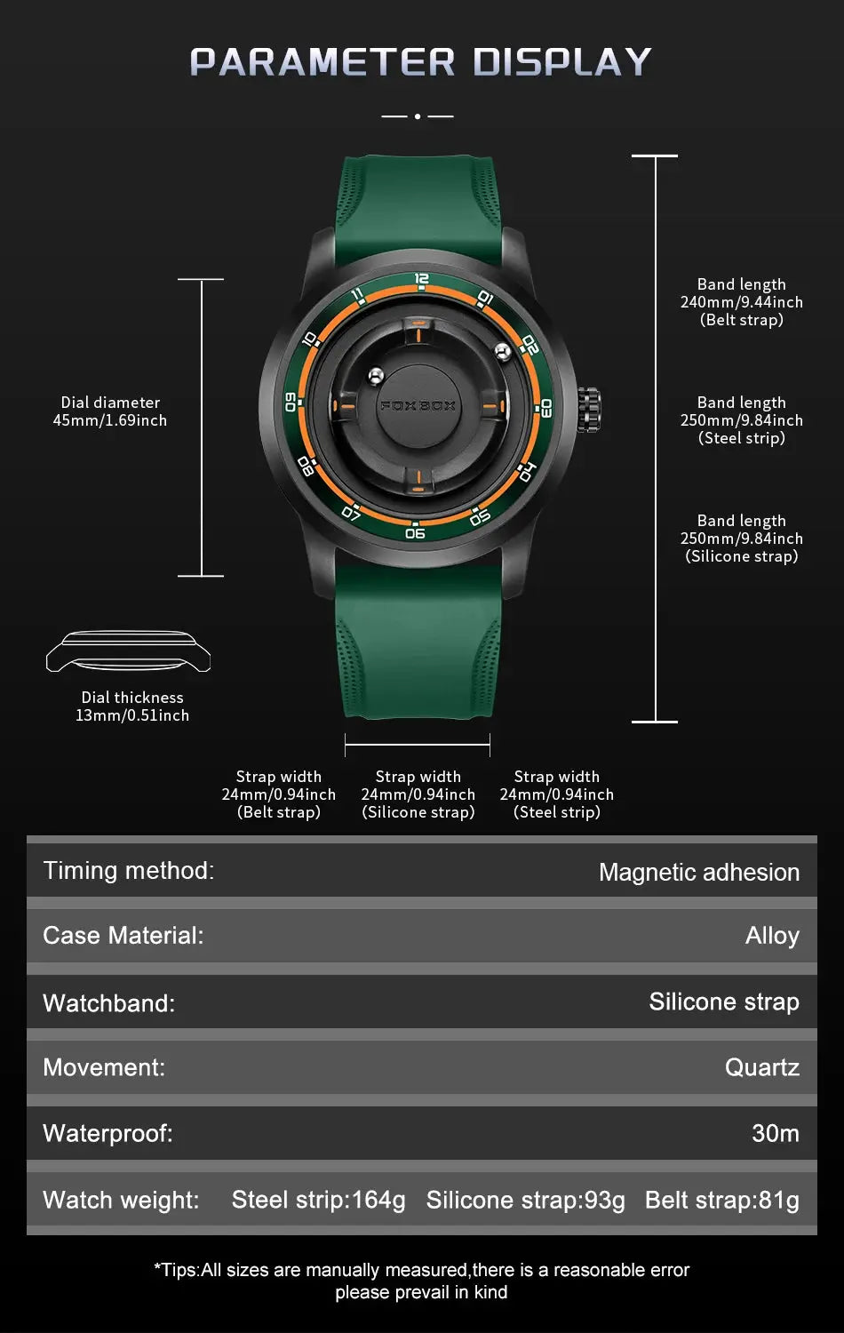 FOXBOX green silicone watch for men, outdoor waterproof quartz with 30m water resistance
