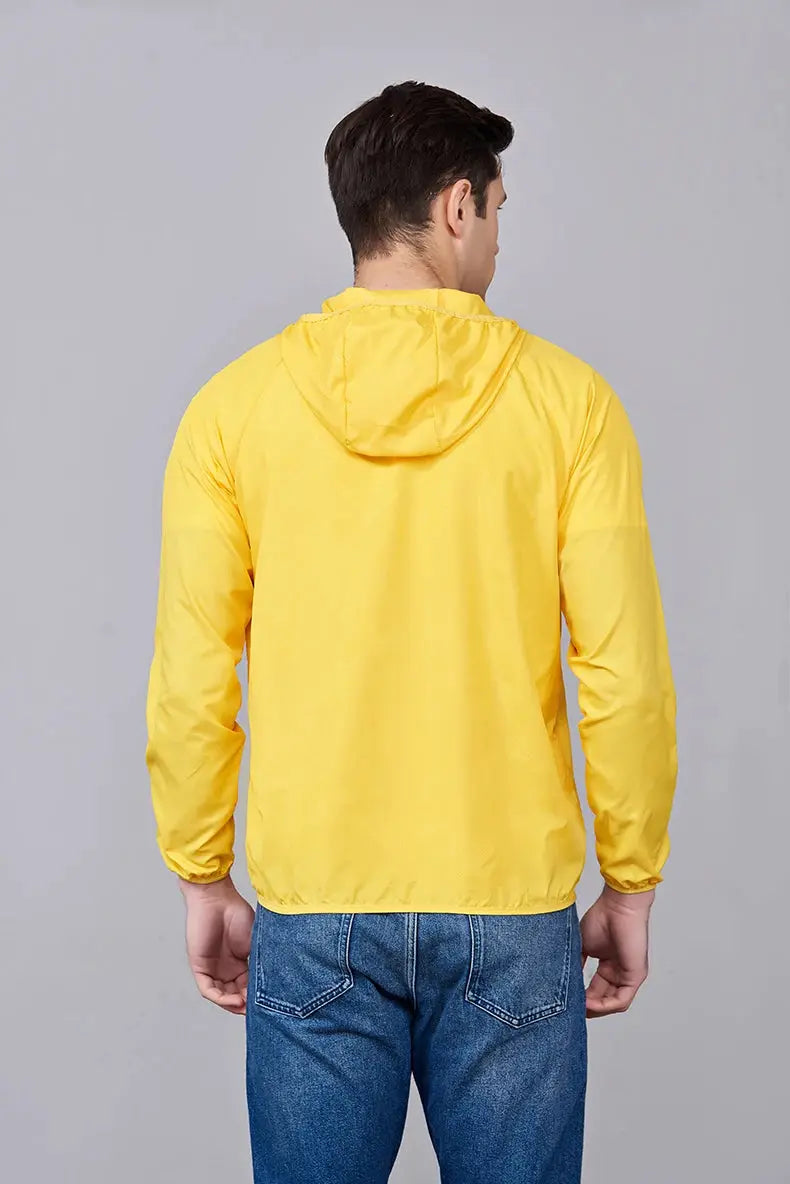 JNLN unisex hiking jacket with hood, yellow waterproof windbreaker for outdoor trekking