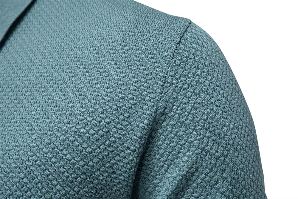 Simples Market men's golf polo shirt, teal textured breathable knit fabric, collared