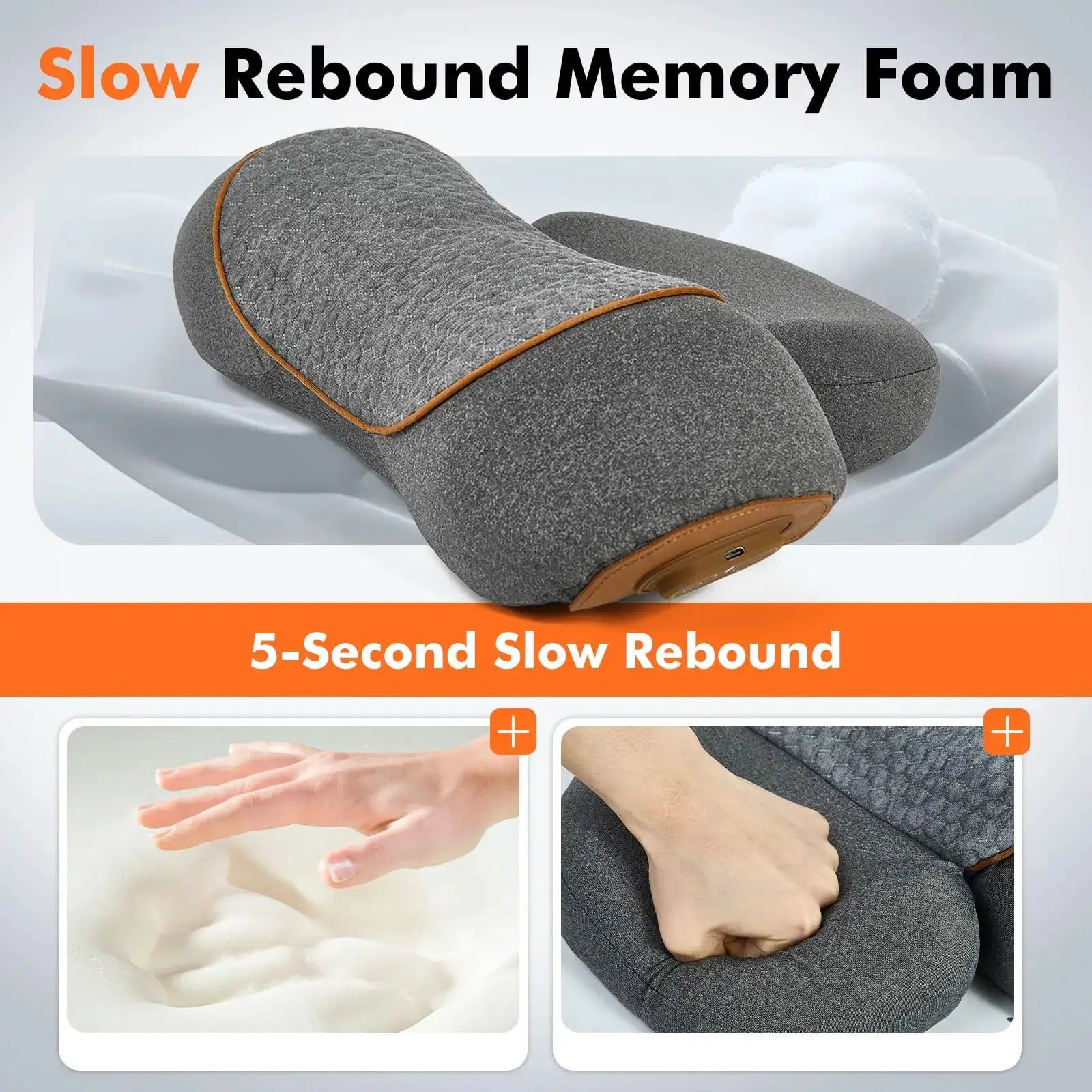 Simples Market 3-in-1 neck massager pillow in grey memory foam with brown piping