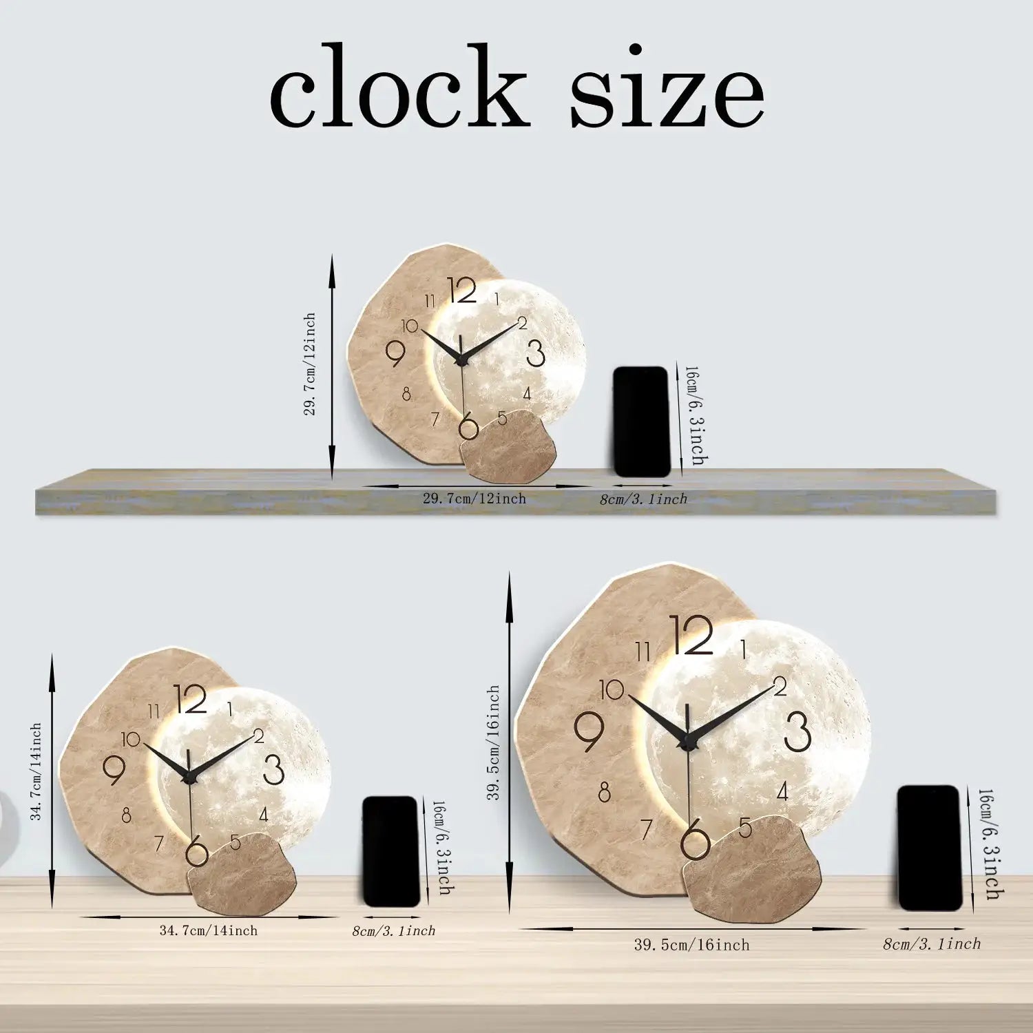 Moon-Design Wooden Wall Clock by Simples Market; silent quartz movement for bedroom, living room, or office decor.