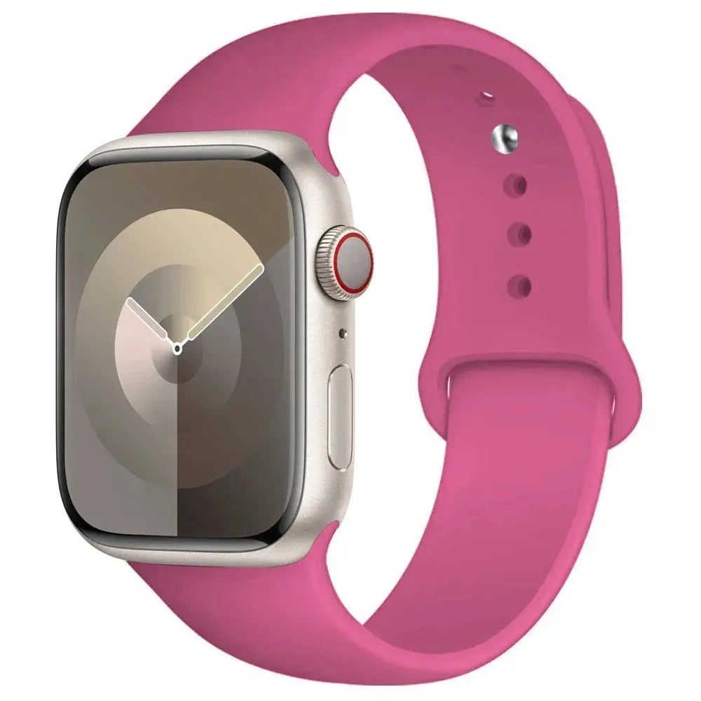 Pink silicone Apple Watch band for 38–49mm sizes; sport bracelet.