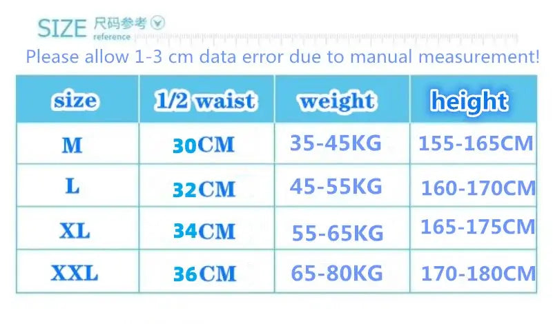 Cotton women's panties size chart showing M–XXL sizes with waist, weight, and height references.