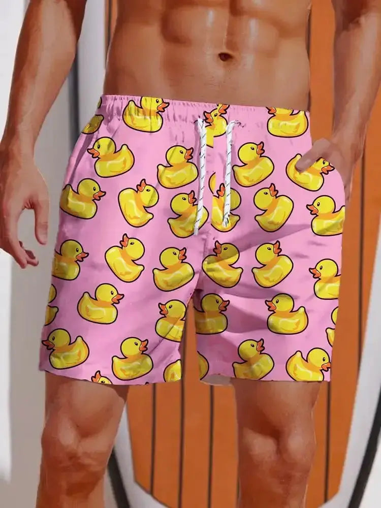 Men's pink duck-print swim shorts with elastic waist and white drawstring — Simples Market