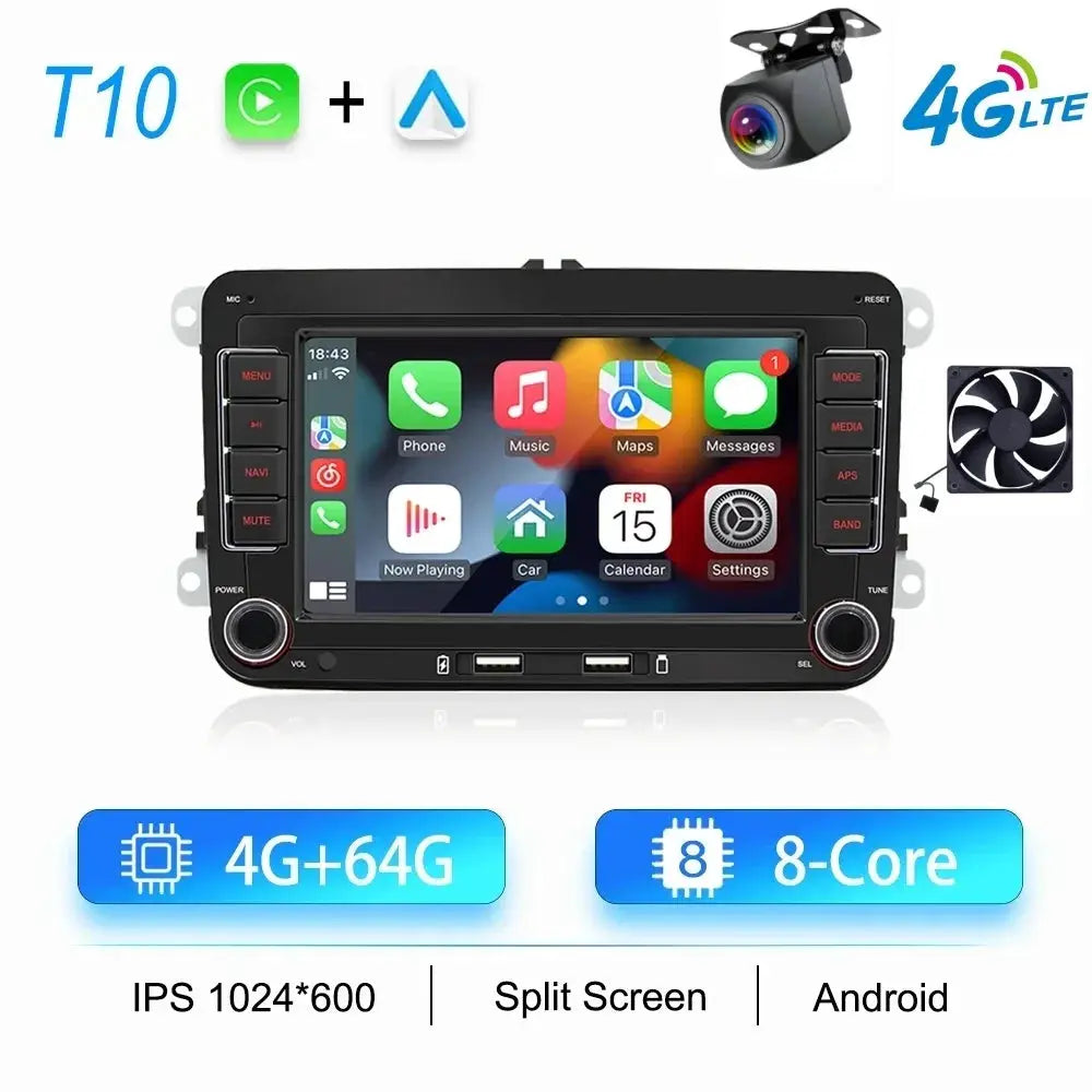 2Din Android car radio for VW/Skoda, 8-core, 4G+64G, IPS 1024x600, split screen, GPS navigation