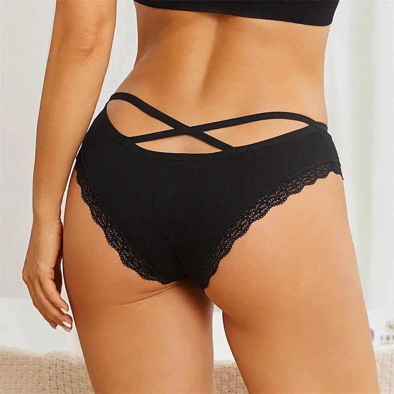 Women's black cotton lace-trim briefs with cross-back straps, 5-pack