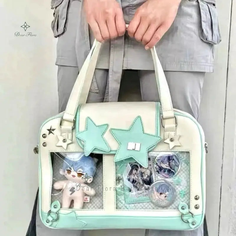 Simples Market Y2K star ita bag, cream/mint with transparent front pockets, crossbody style.