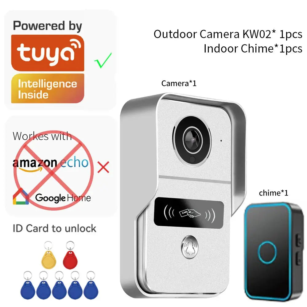 Tuya Smart 1080P doorbell camera with indoor chime; silver doorbell unit and blue-ring wireless chime