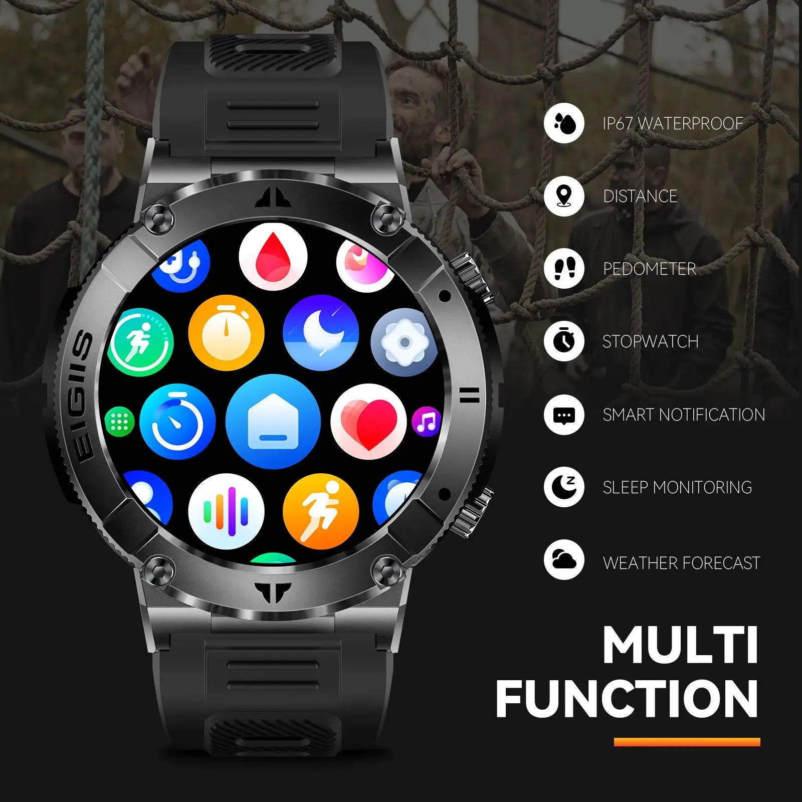 LaNikar smart watch with round TFT display, black metal bezel and black strap; waterproof design.