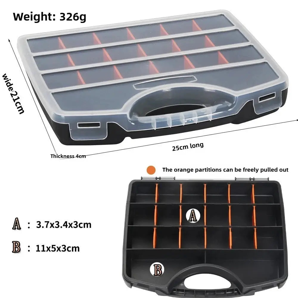 Plastic tool parts box with clear lid and orange adjustable dividers for organized screw, bolt, and bit storage