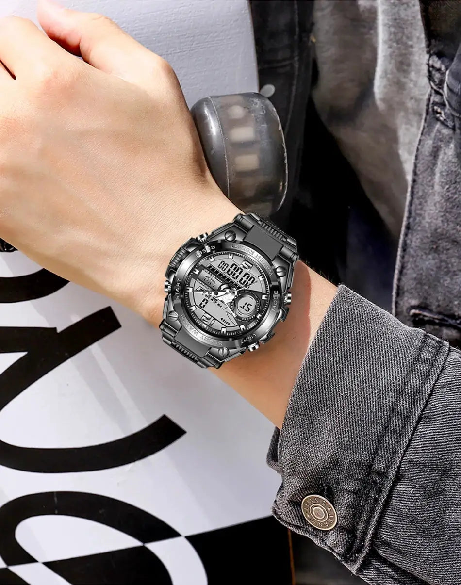 LIGE men's military digital watch with silver metal bracelet, 50m waterproof LED quartz display