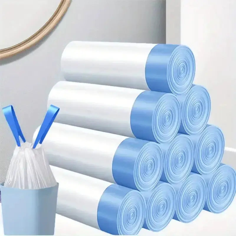 Drawstring garbage bags by Simples Market, thickened blue-tipped plastic, large kitchen/dorm size, stacked rolls