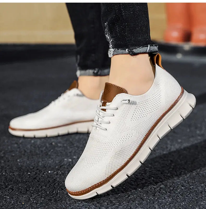 Plus size men's white mesh breathable non-leather casual sneakers with brown leather accents and chunky sole
