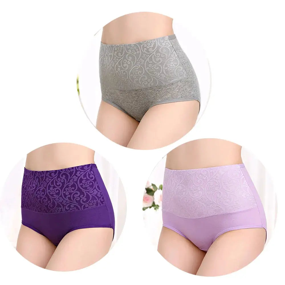3-pack plus-size high-waist women's cotton panties in gray, purple, and lavender with lace pattern.