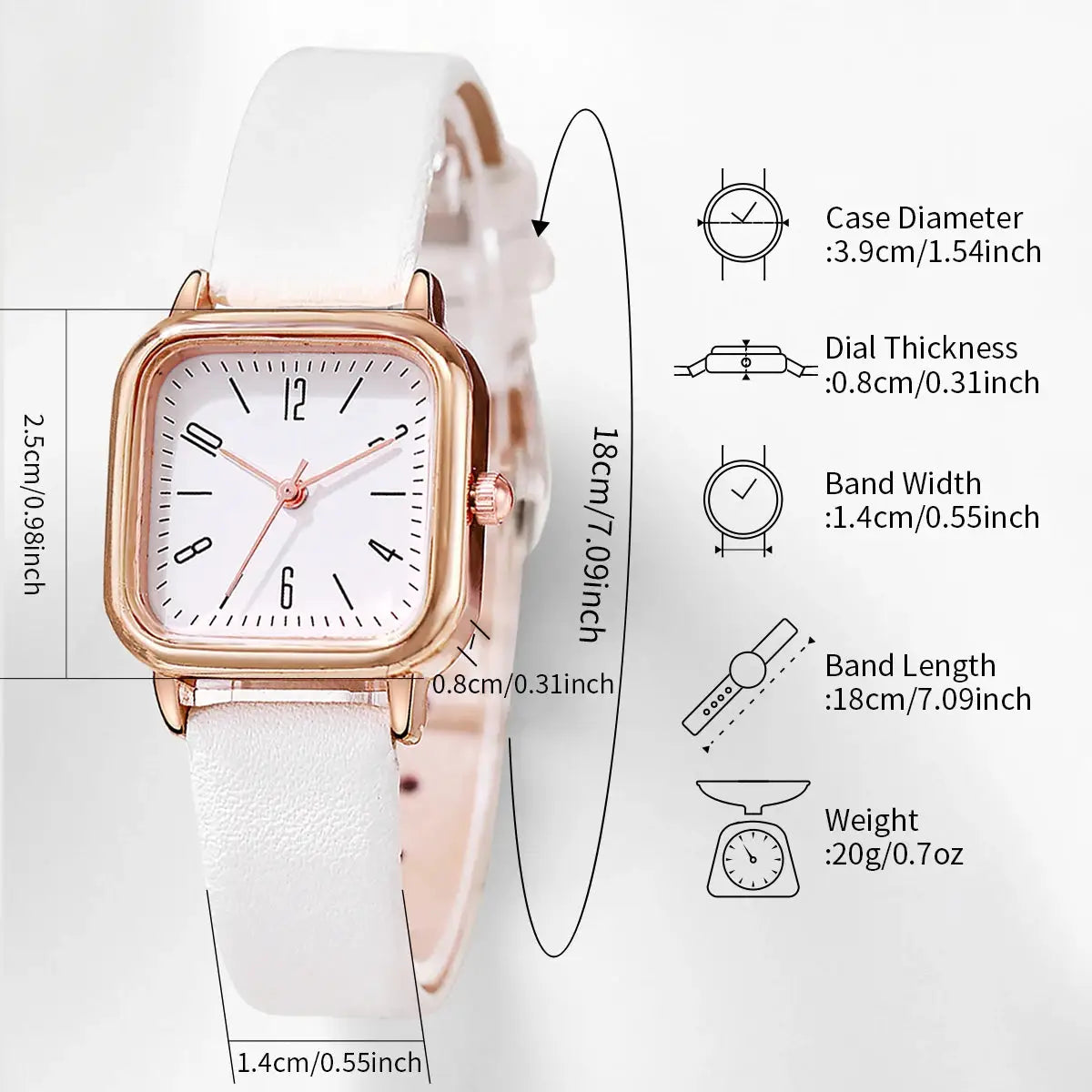 Rose-gold square-case women’s watch with white leather strap and minimalist dial