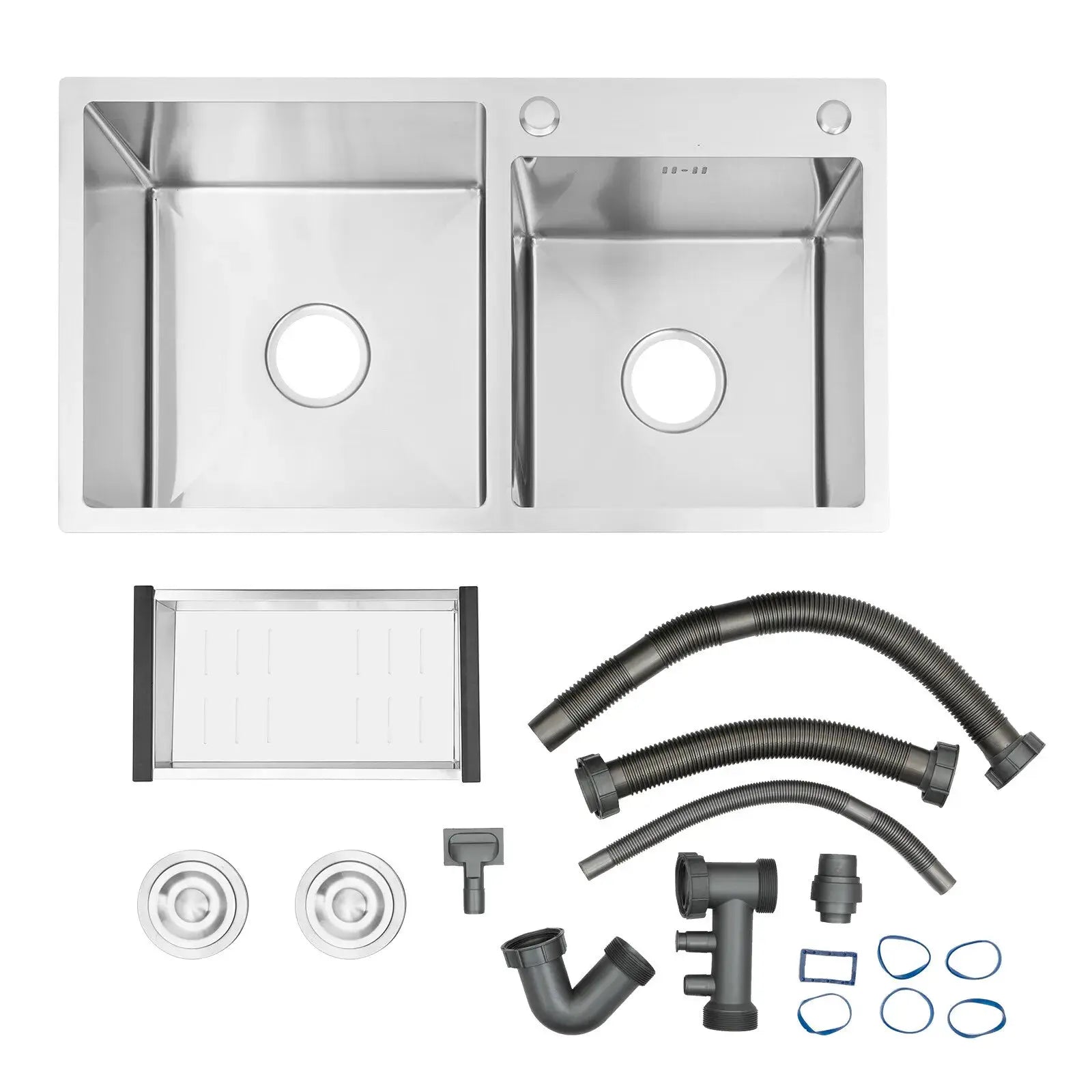 Simples Market stainless steel double-bowl kitchen sink with noise-reduction and complete drain kit with hoses