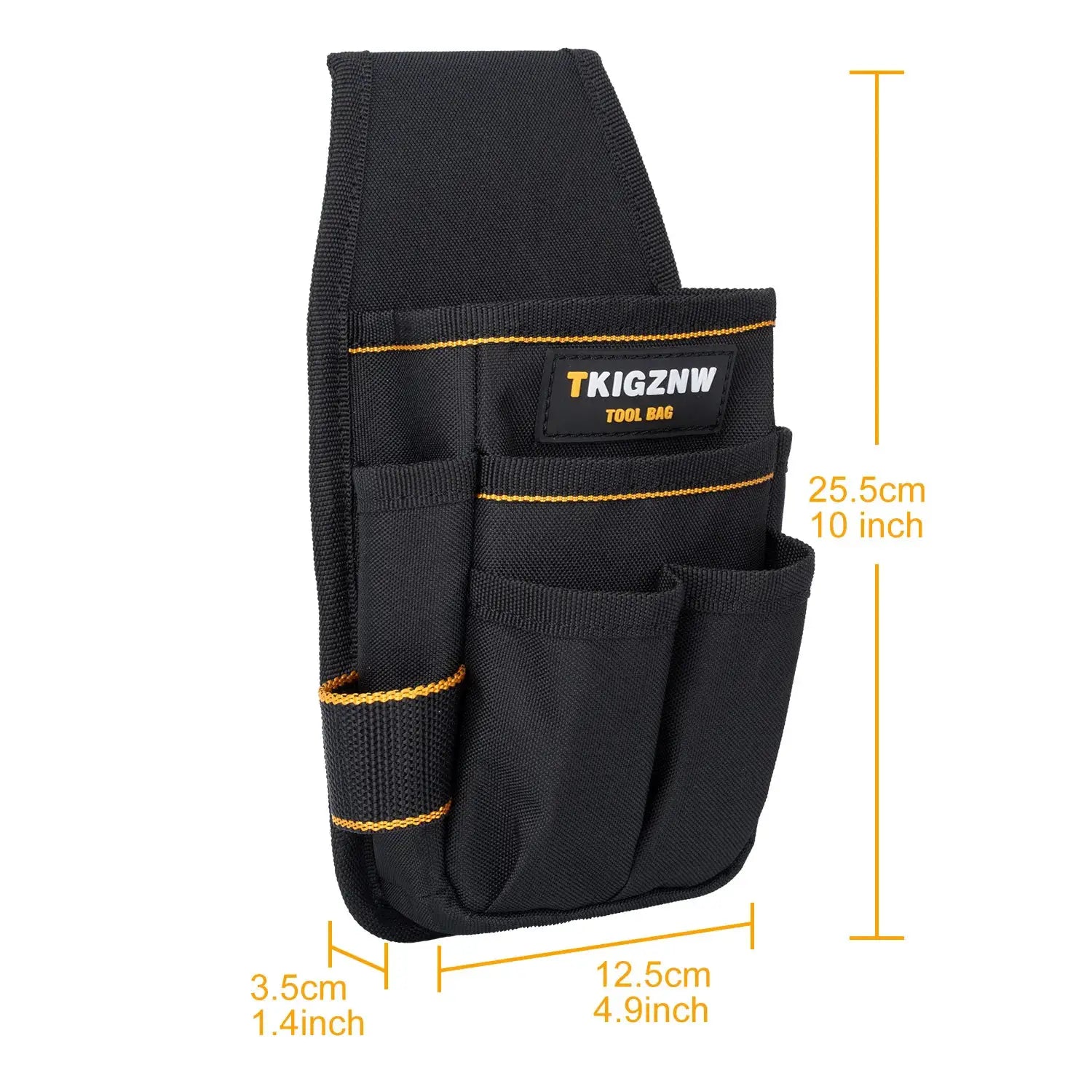 TKIGZNW tool pouch by Simples Market, black heavy-duty fabric with orange stitching, 6 pockets and 9 screwdriver loops.