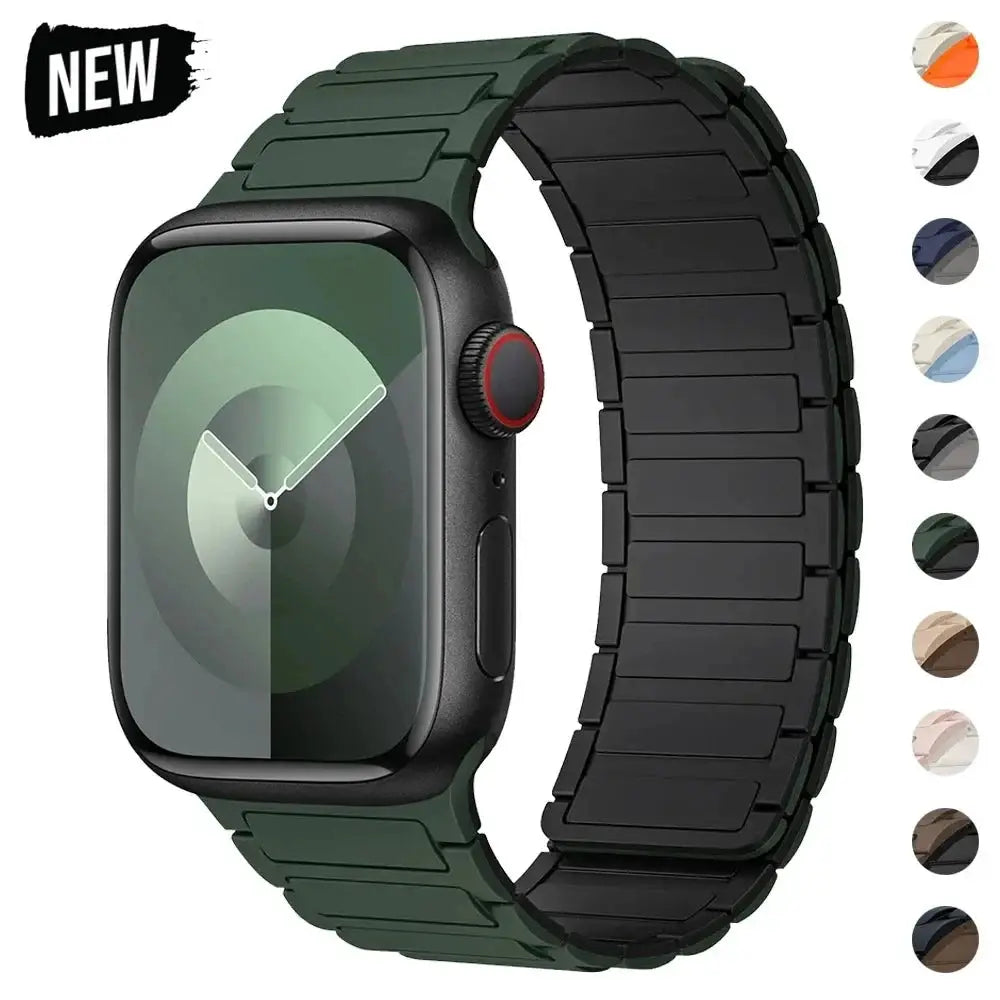 Simples Market magnetic loop silicone Apple Watch band in dark green, fits 38–49mm Apple Watch models.