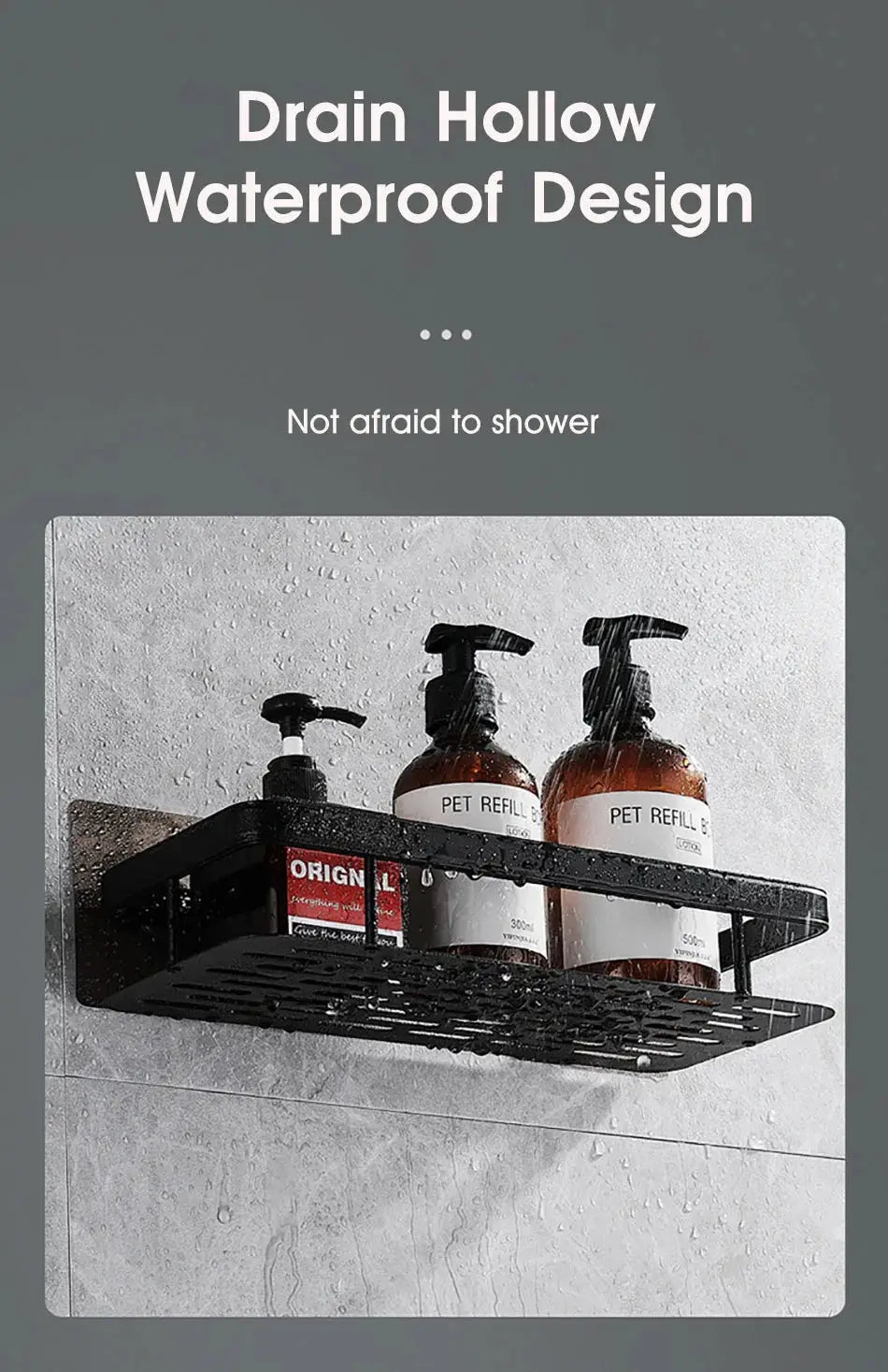 Bathroom storage rack; black metal wall-mounted corner shower shelf with two tiers for shampoo bottles.