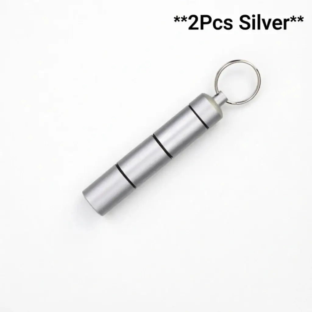 Two silver aluminum waterproof pill boxes with three compartments and key rings