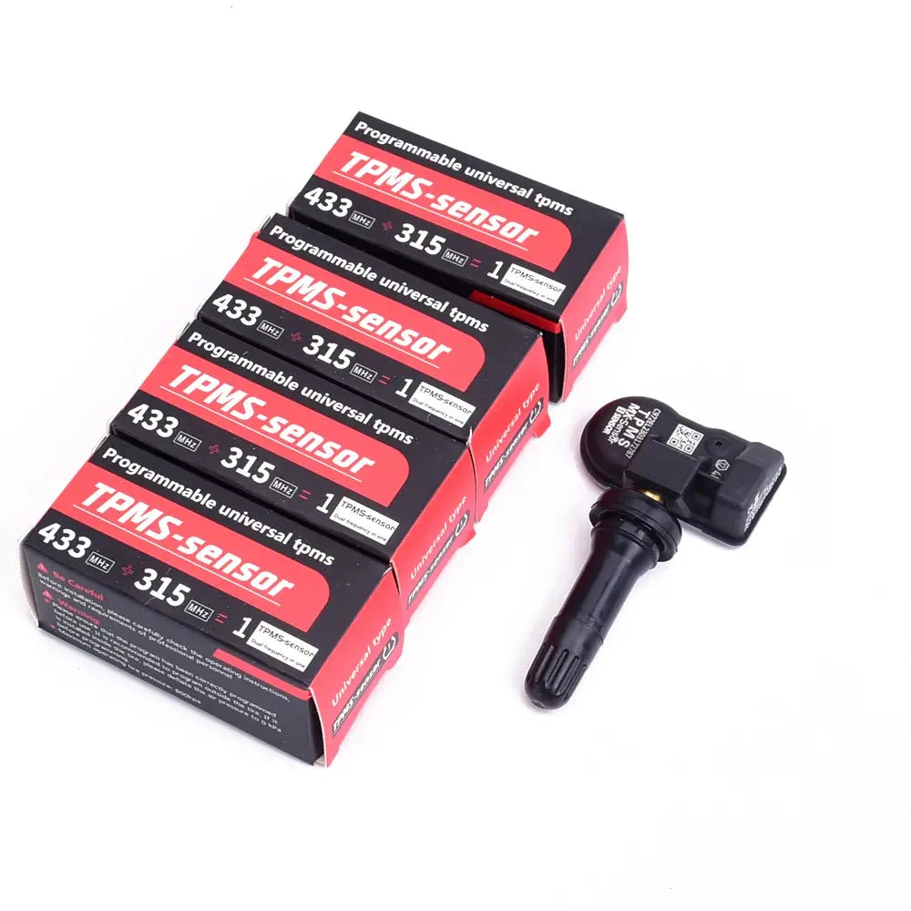 Simples Market TPMS sensor kit; five red/black boxed units with a programmable 315/433 MHz tire pressure sensor