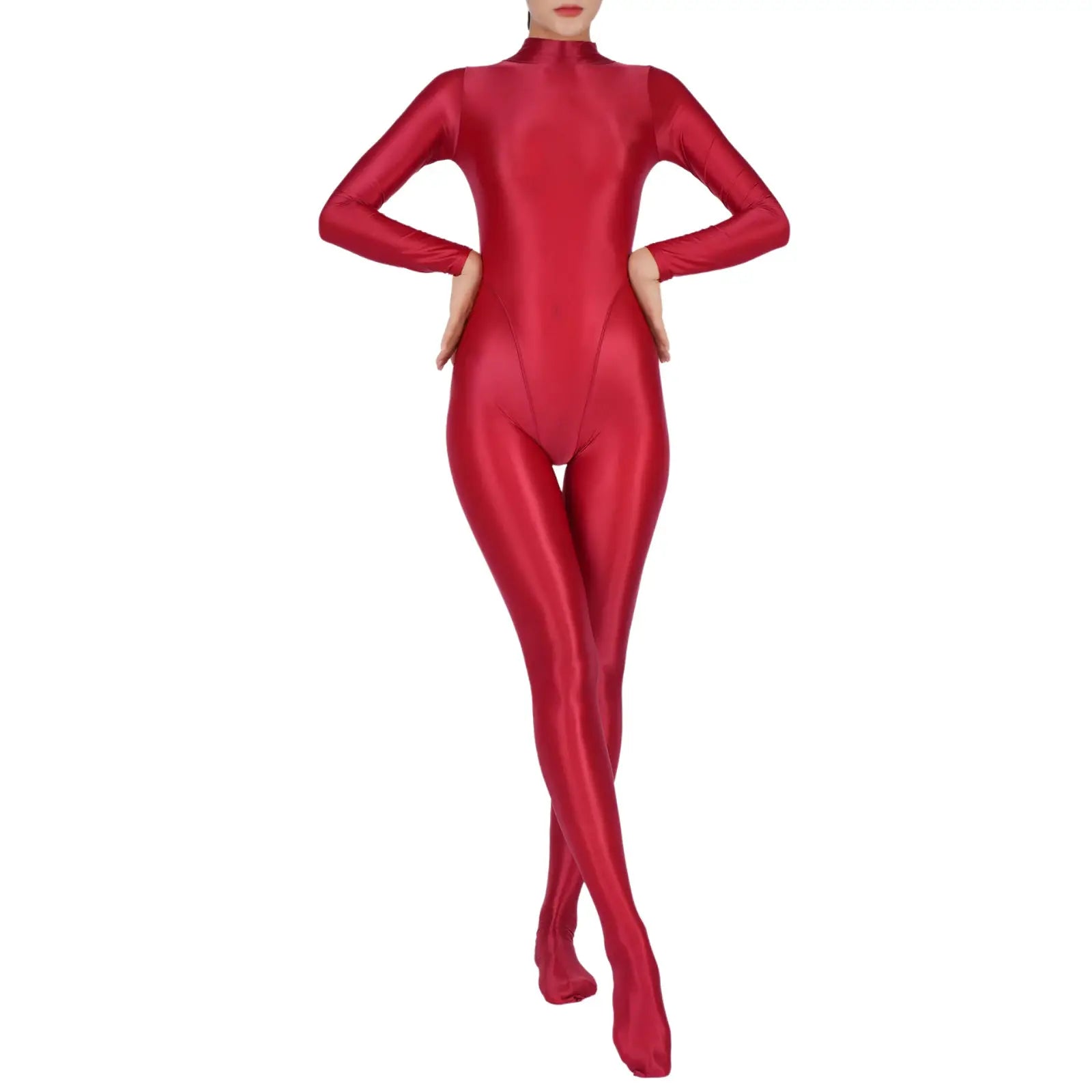 Simples Market women's red metallic full-body jumpsuit with long sleeves and footed legs
