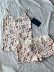 Strawberry Print Vest And Shorts Set For Women Eyelet Bow Tank Top
