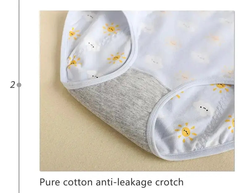 Girls' menstrual underwear with cute cartoon sun print, breathable cotton fabric and gray leak-proof crotch panel