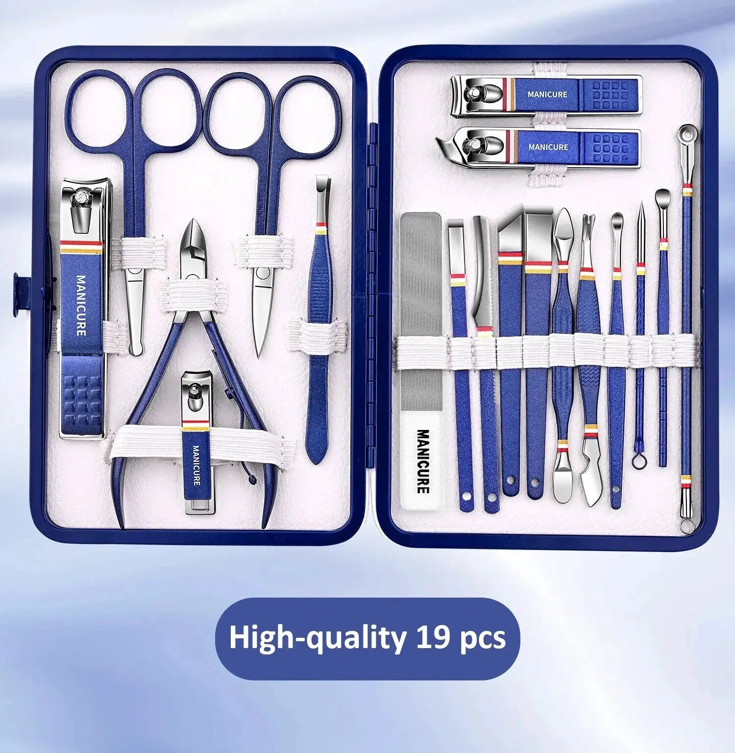 Simples Market 19-piece stainless steel manicure set in blue case with folding bag