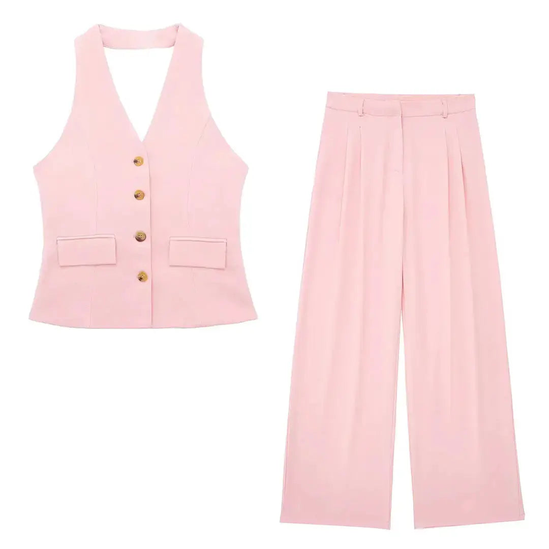HH Women Pant Suit Set Halter Vest Blazer Top Zipper Pants Office Lady