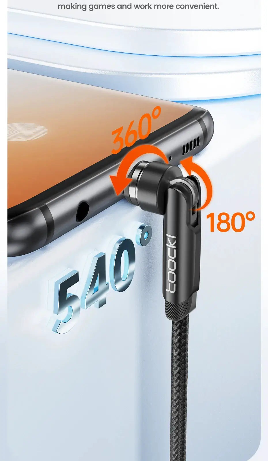 Toocki 540 magnetic USB-C charging cable with braided black cord and swiveling magnet connector