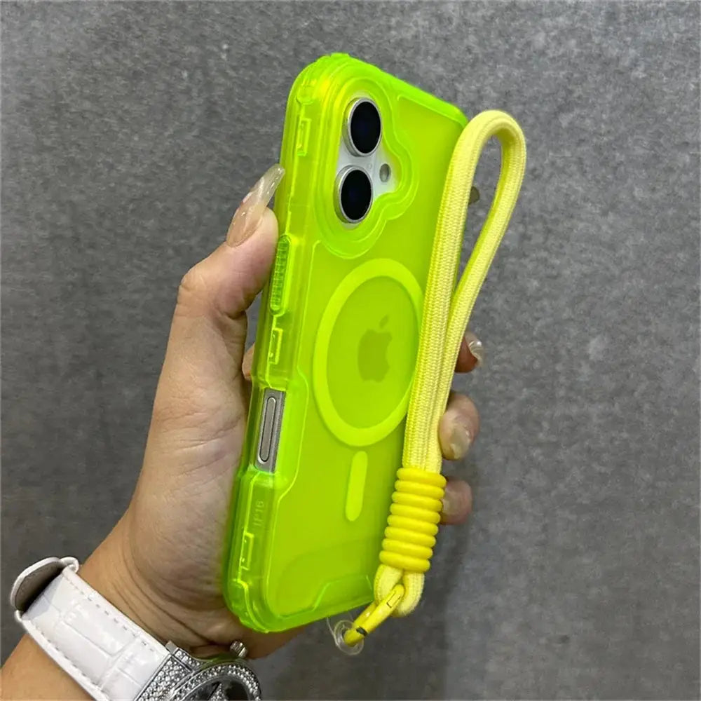 Simples Market Luxury Armour Matte MagSafe phone case neon lime with yellow wrist strap for iPhone, shockproof