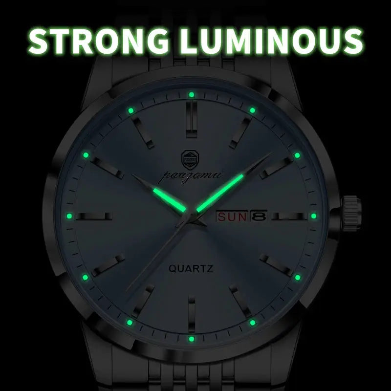 PAAZOMU stainless steel men's quartz watch with green luminous hands and markers, day/date display