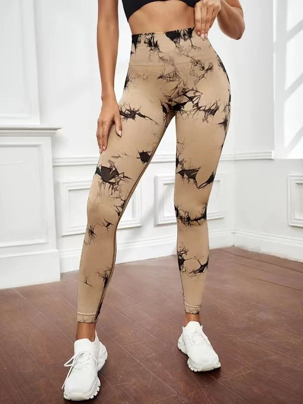 Women's Simples Market tie-dye high-waist leggings in beige with black abstract pattern, soft stretchy yoga pants.